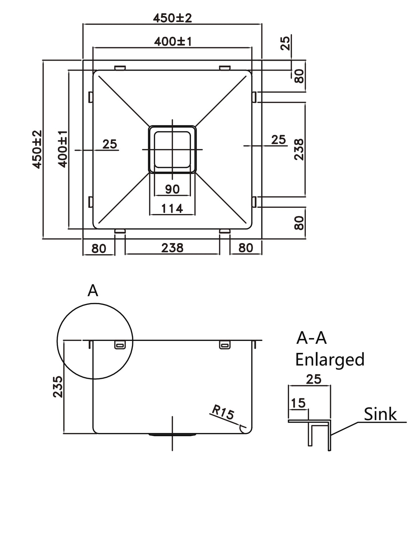 450*450*220mm Stainless Steel 304 Top/Undermount PKSS-450S
