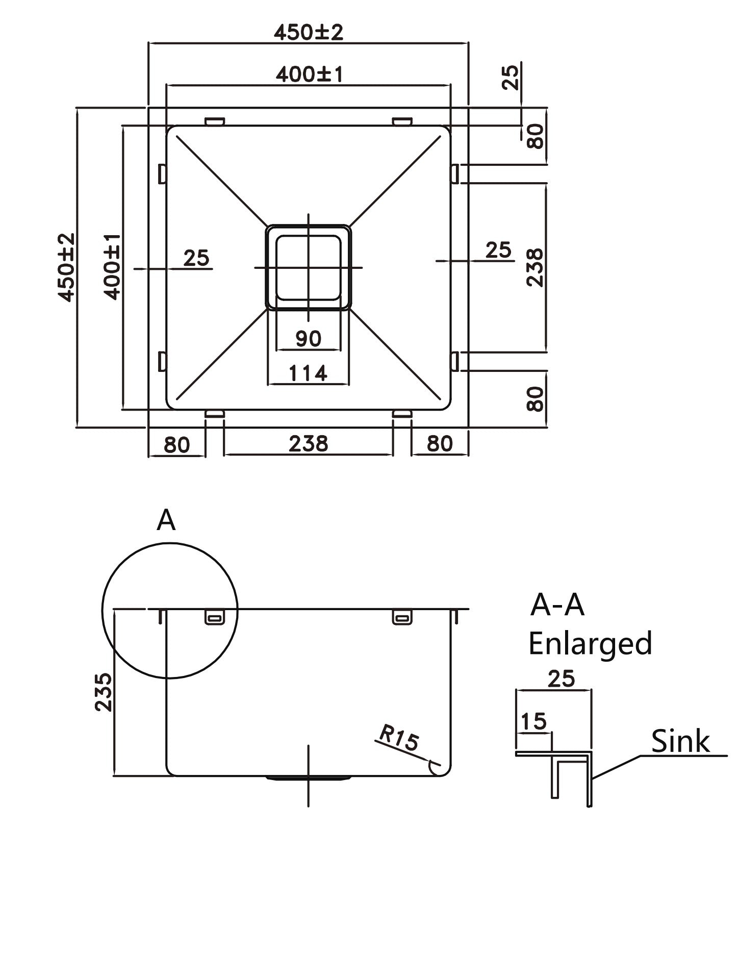 450*450*220mm Stainless Steel 304 Top/Undermount PKSS-450S