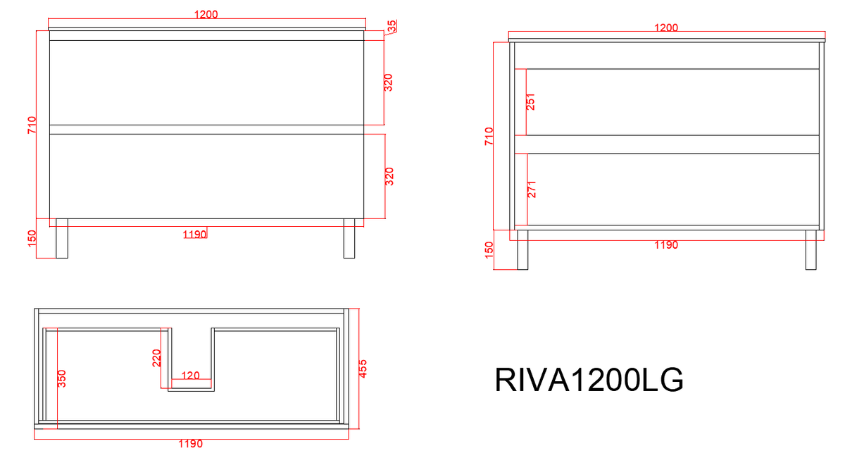 Vita Flux PVC Cabinet with U shape soft closing drawers with Leg 1200-1500mm