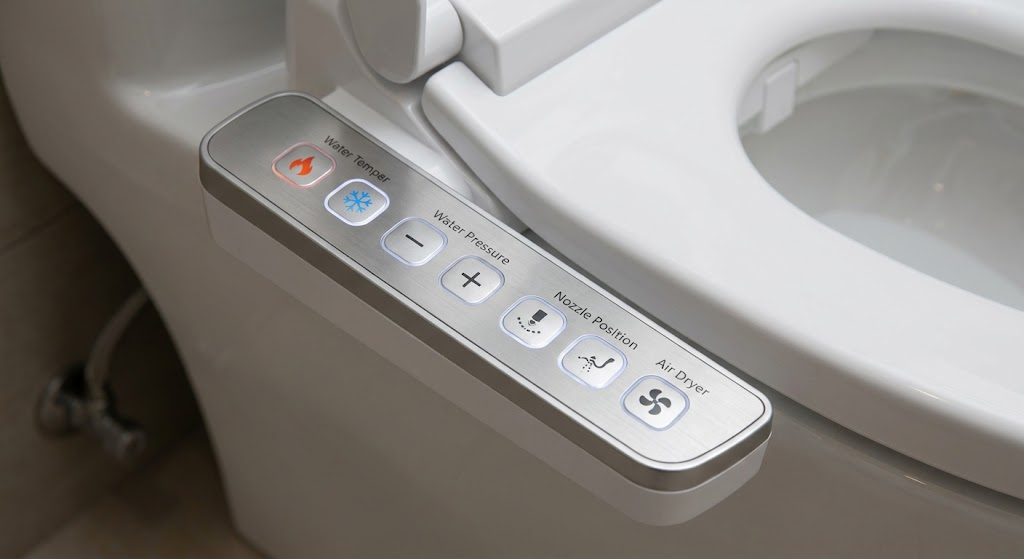 A modern, complex bidet control panel, illustrating the features (temperature, pressure, drying) available on high-tech electric models.