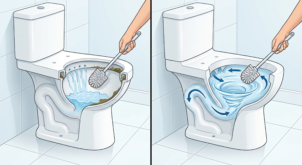 Cross-section diagram showing what is a rimless toilet compared to a traditional toilet