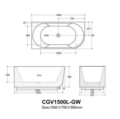 Capri Fluted Corner Freestanding Bathtub 1500/1700mm CGV1500L/R-GW/MW/MB/CGV1700L/R-GW/MW/MB