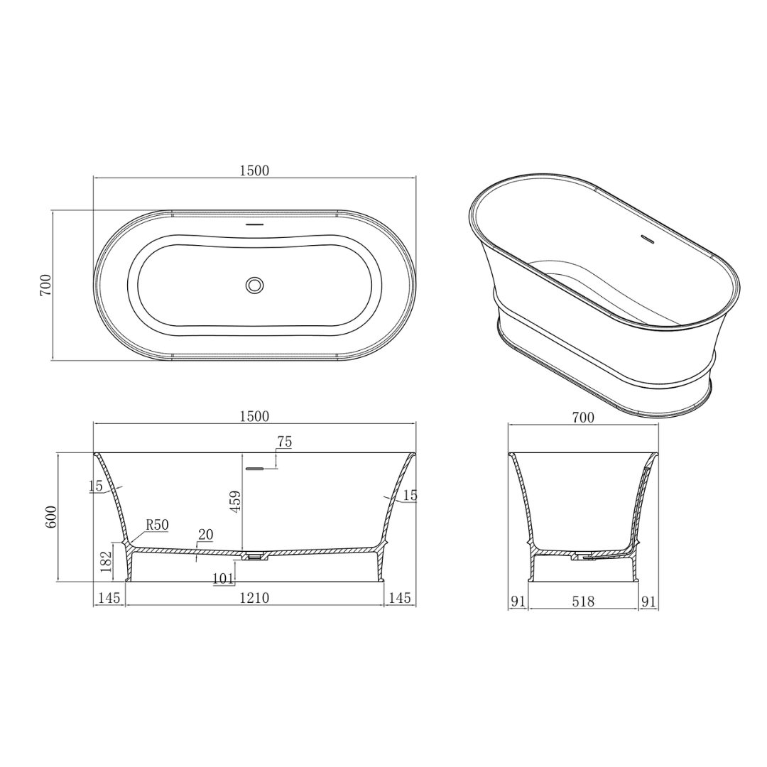 Belmont Oval Solid Surface Stone Freestanding Bathtub 1500/1700mm