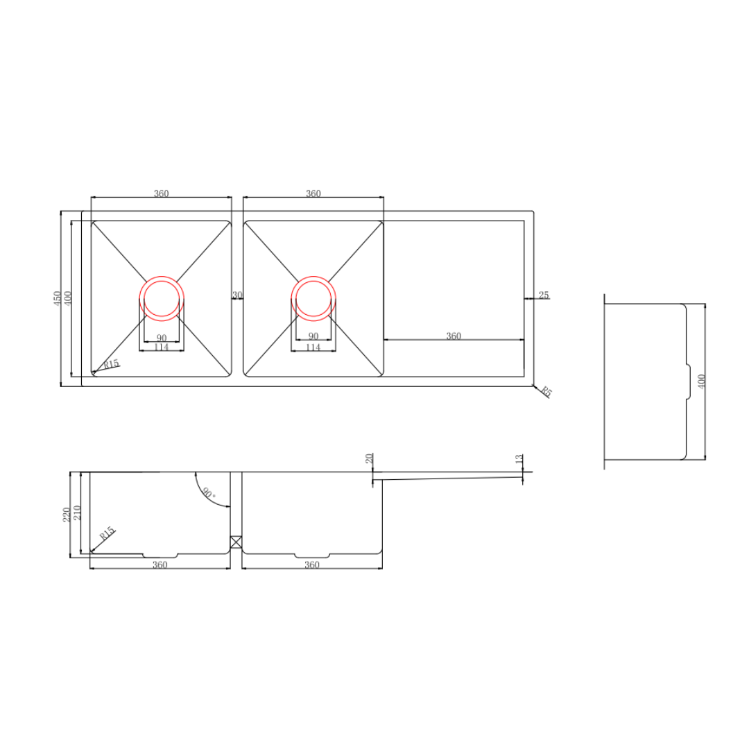 Stainless Steel Kitchen Sink Double Bowls 1160*450*220mm