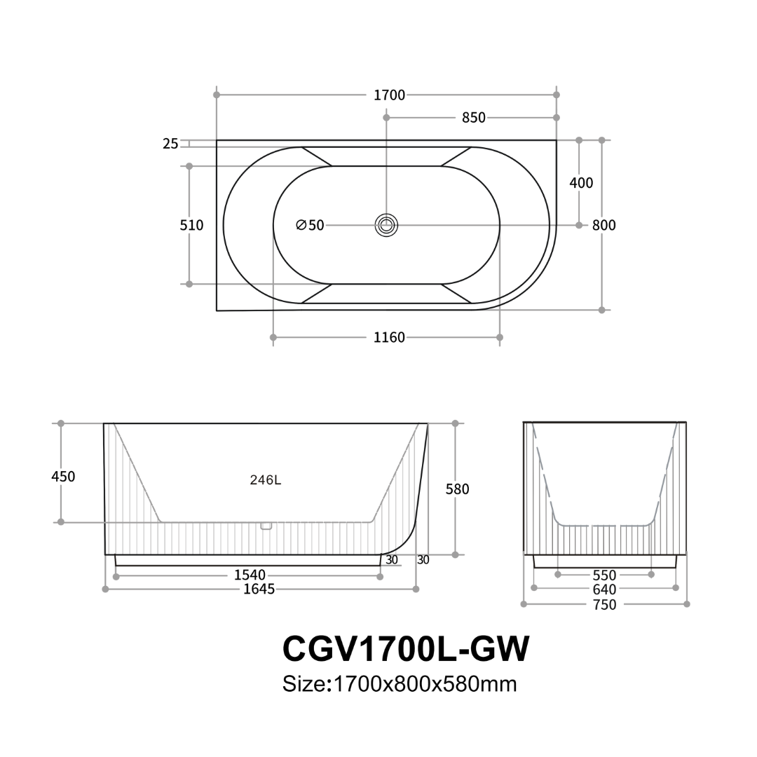 Carpi Groove Oval Bathtub 1500/1700mm