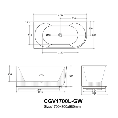 Carpi Groove Oval Bathtub 1500/1700mm