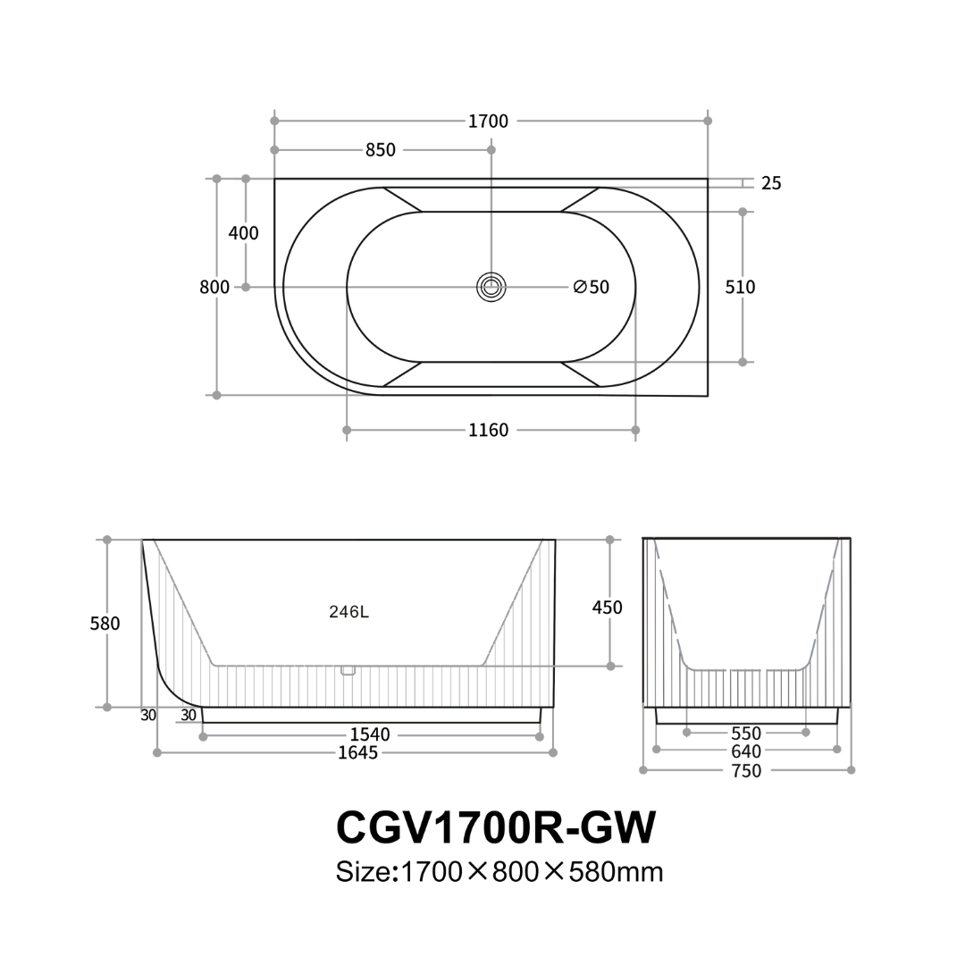 Carpi Groove Oval Bathtub 1500/1700mm