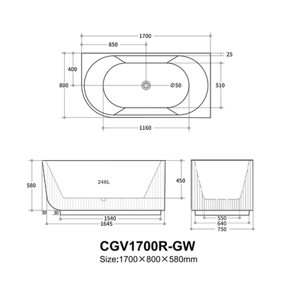 Carpi Groove Oval Bathtub 1500/1700mm