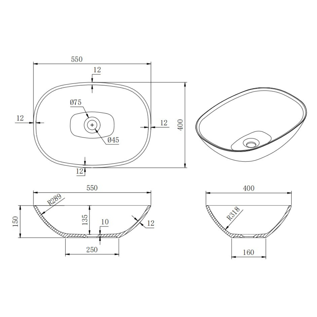Above Counter Basin 550*400*155mm