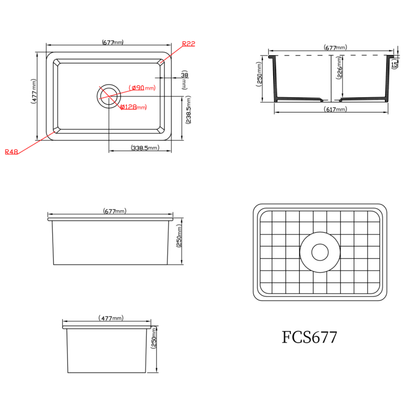 Nadia Fireclay Square insert/undermound Sinks 677*470*282mm