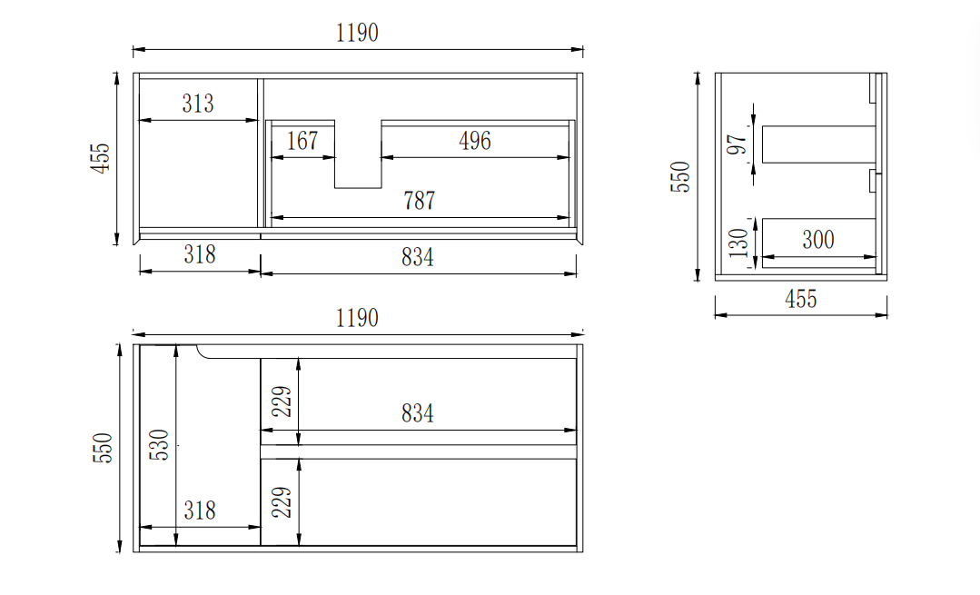 Wall Hung PVC Vanity 1190*455*550mm(Right hand drawers)