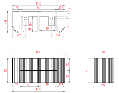 CETO Artis Wall-Hung PVC fluted Curved Cabinet with Soft-Close Drawers 1200-1500mm ART1200W /ART1220W /ART1500W /ART1550W-D-CO/PO/WAL