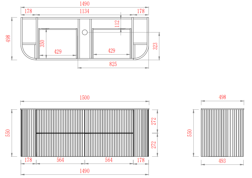 CETO Artis Wall-Hung PVC fluted Curved Cabinet with Soft-Close Drawers 1200-1500mm ART1200W /ART1220W /ART1500W /ART1550W-D-CO/PO/WAL
