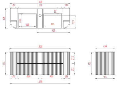 CETO Artis Wall-Hung PVC fluted Curved Cabinet with Soft-Close Drawers 1200-1500mm ART1200W /ART1220W /ART1500W /ART1550W-D-CO/PO/WAL
