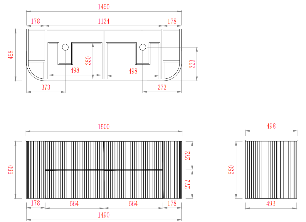 CETO Artis Wall-Hung PVC fluted Curved Cabinet with Soft-Close Drawers 1200-1500mm ART1200W /ART1220W /ART1500W /ART1550W-D-CO/PO/WAL