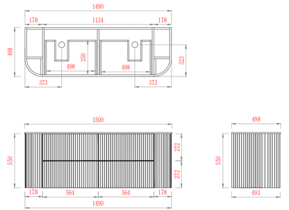 CETO Artis Wall-Hung PVC fluted Curved Cabinet with Soft-Close Drawers 1200-1500mm ART1200W /ART1220W /ART1500W /ART1550W-D-CO/PO/WAL