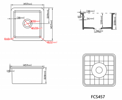 457mm X 457mm X 228mm Gloss White Sink Camden FCS457