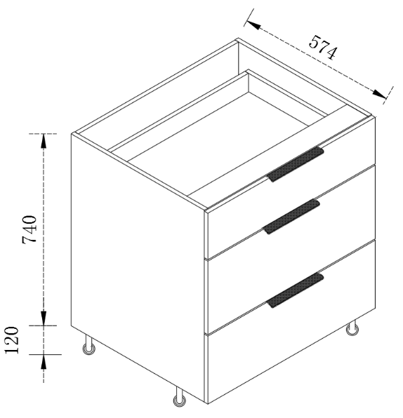 3-Drawer Floor Kitchen Cabinet - Cabinet Only, No Door Panel