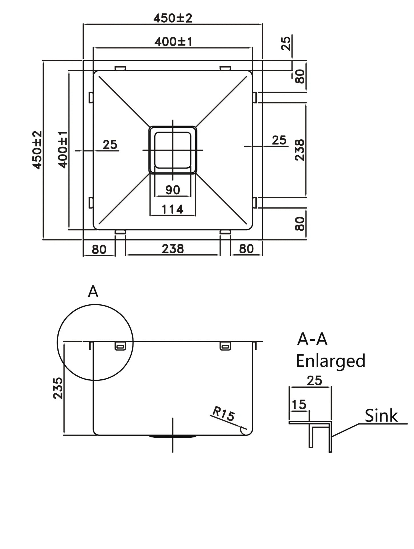 450*450*235mm Stainless Steel Kitchen Sink KSS-400GM