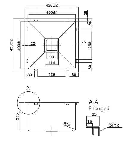 450*450*235mm Stainless Steel Kitchen Sink KSS-400GM
