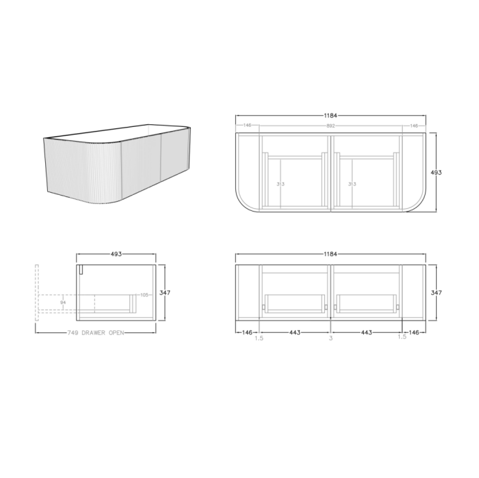 Bronte Standard Wall-Mounted  Vanity 1148*493*347mm Coastal Oak