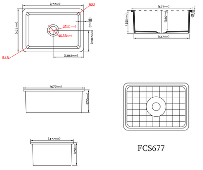 457-810mm Camden Fireclay Square insert/undermound Sink FCS457GW/MB FCS677GW/MB FCS810GW/MB