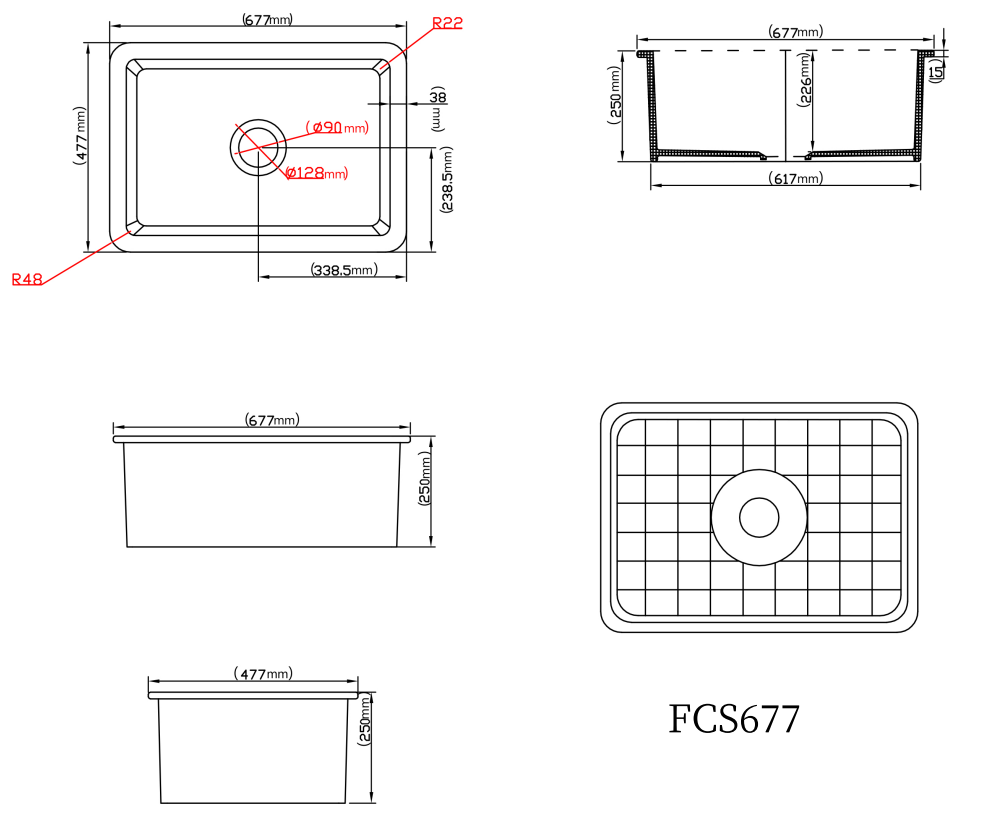 457-810mm Camden Fireclay Square insert/undermound Sink FCS457GW/MB FCS677GW/MB FCS810GW/MB