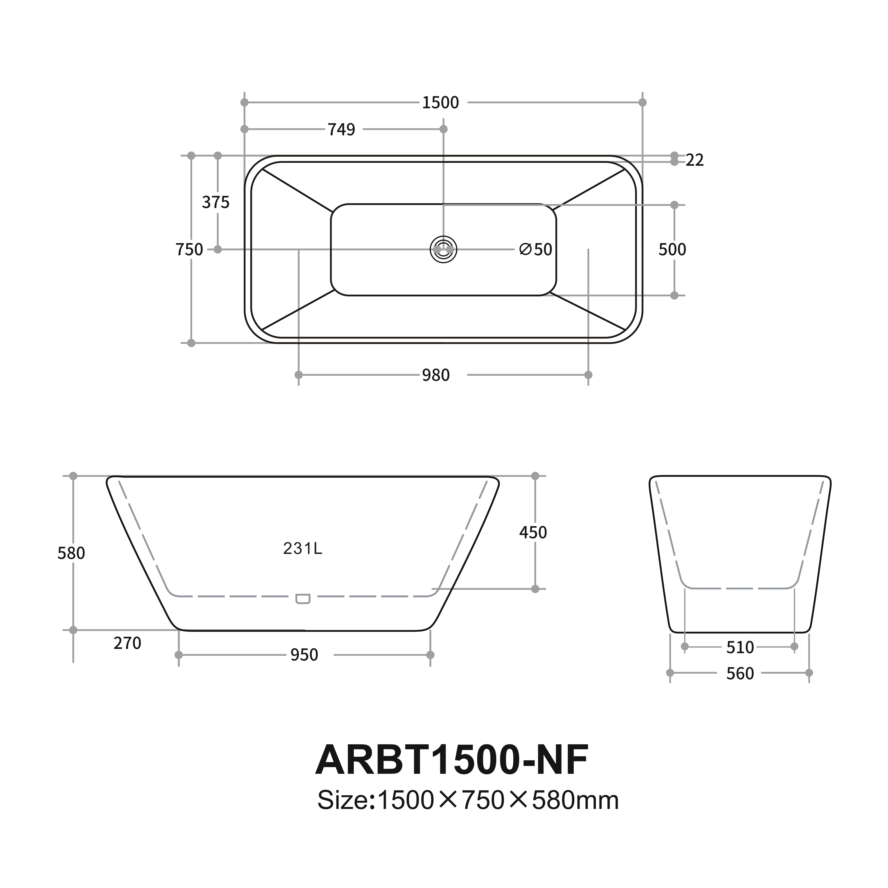 Lumera Square Freestanding Bathtub 1500/1700mm