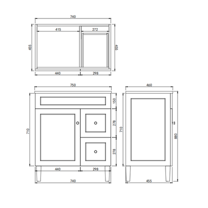 Harrington Floor Vanity 740*455*880mm Matte Black