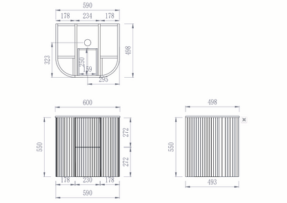 CETO Artis Wall-Hung PVC fluted Curved Cabinet with Soft-Close Drawers 600-900mm ART600W /ART750W /ART900W -D-CO/PO/WAL