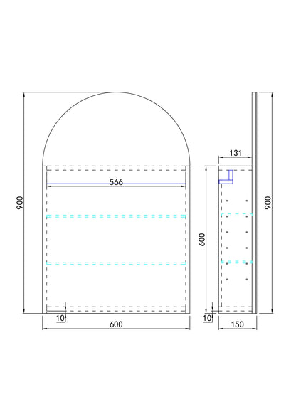 Olivia  Arch LED Shaving Cabinet Pencil Edge Frontlit 600x900x155mm OARSV6090MB/MW-LED