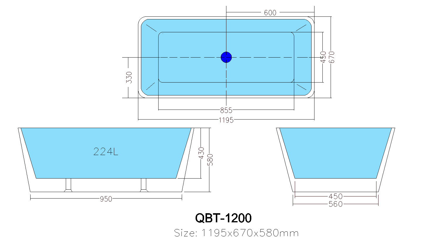 Luno Square Freestanding Bathtub 1195-1700mm
