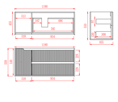 Brooklyn Fluted Wall Hung Vanity with Right Drawers 1190*455*550mm