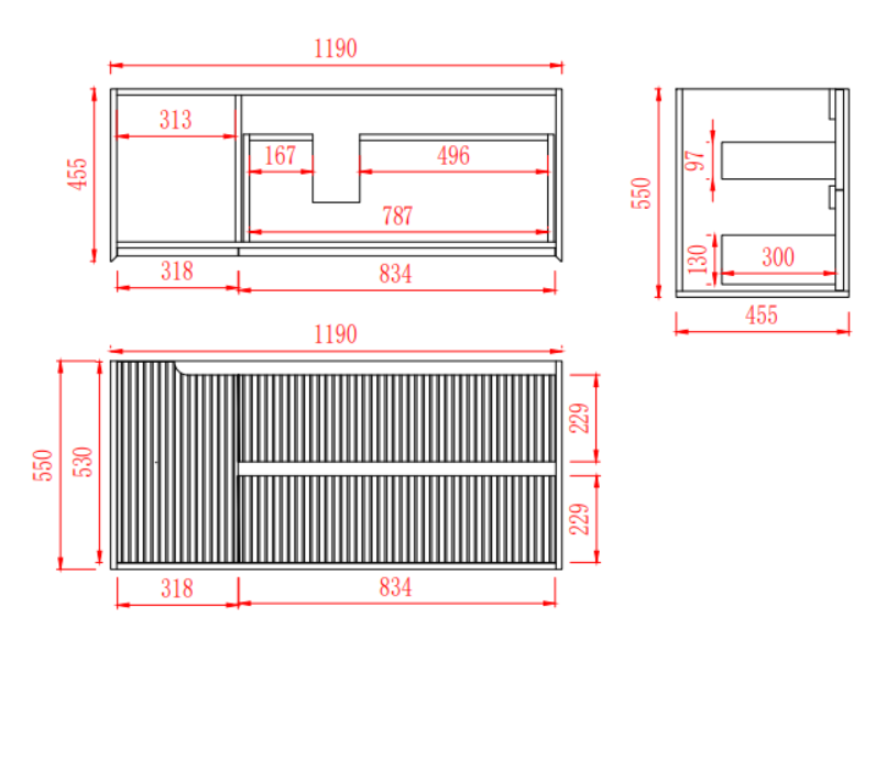 Brooklyn Fluted Wall Hung Vanity with Right Drawers 1190*455*550mm