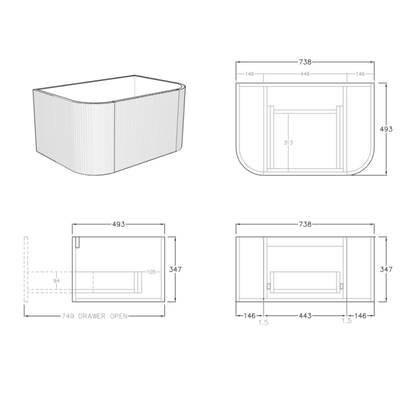 Bronte Standard Wall-Mounted Vanity 738*493*347 / 890*493*347mm