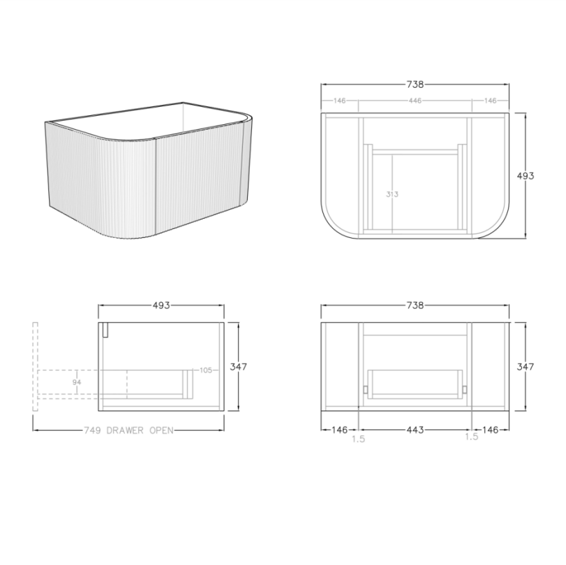 Bronte Standard Wall-Mounted Vanity 738*493*347 / 890*493*347mm