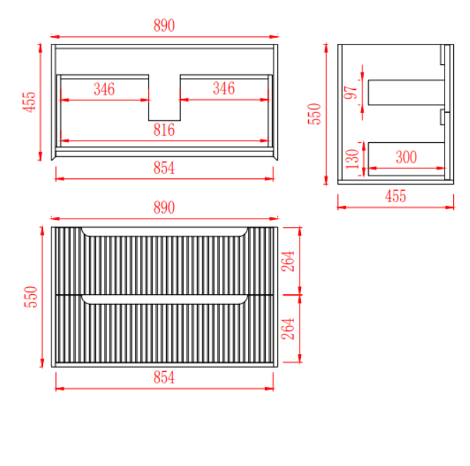 Brooklyn Fluted Wall Hung Vanity 890*455*550mm