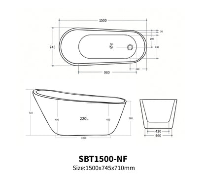 Selene Freestanding Bathtub, Gloss White, 1500mm / 1700mm, No Overflow, Plug & Waste Excluded