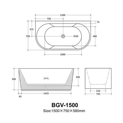 Rochelle Fluted Back to Wall Bathtub 1500/1700mm
