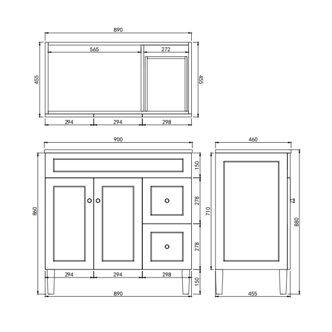 Ashford Floor Vanity 900*460*880mm Matte White