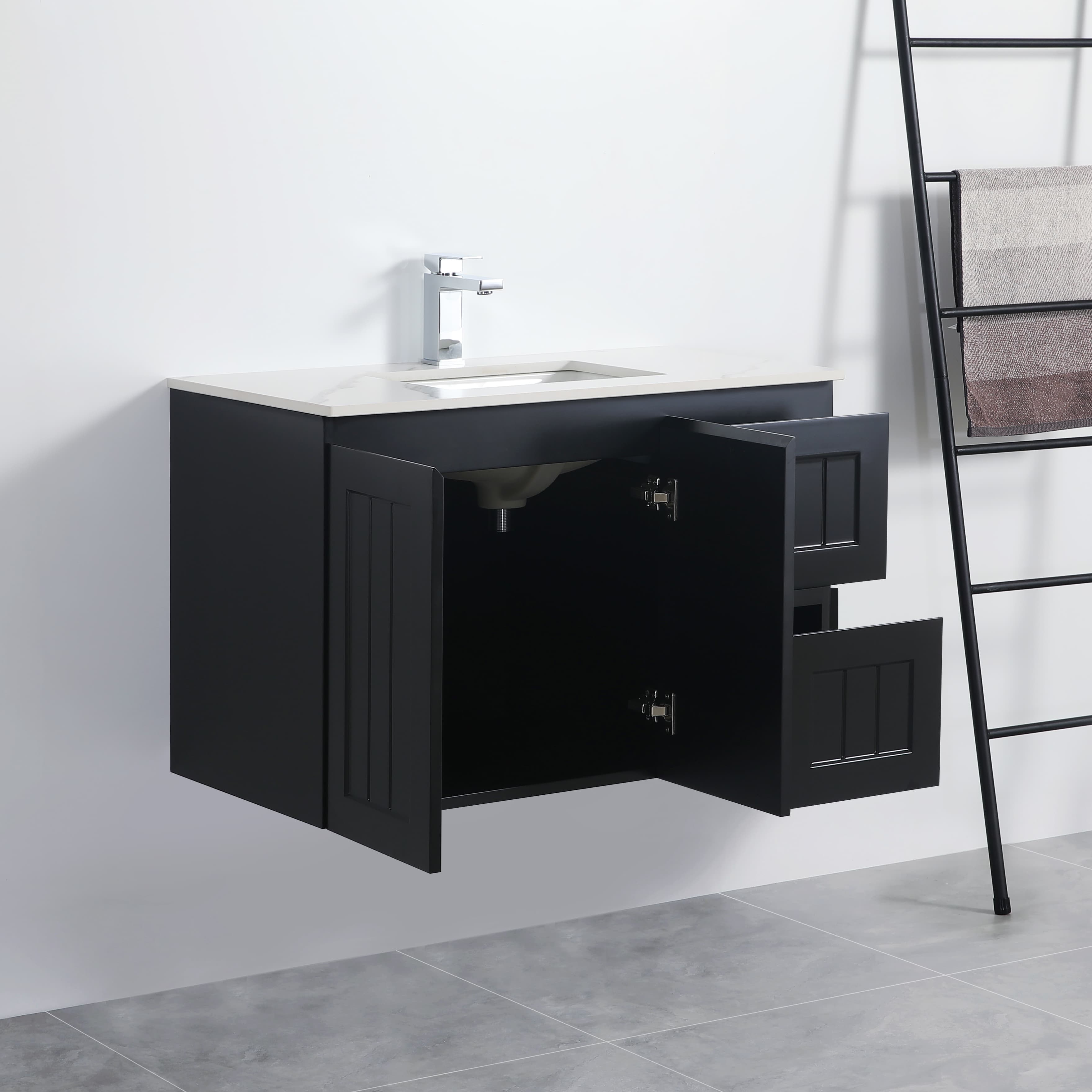 Acacia Wall-Mounted Vanity 900*460*580mm Matte Black Right Drawers