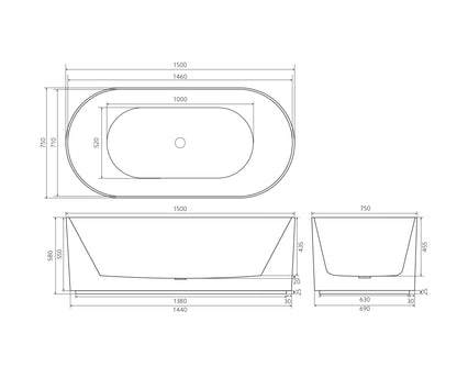 1500mm X 750mm X 580mm Ally Groove Bathtub Freestanding AGV1500