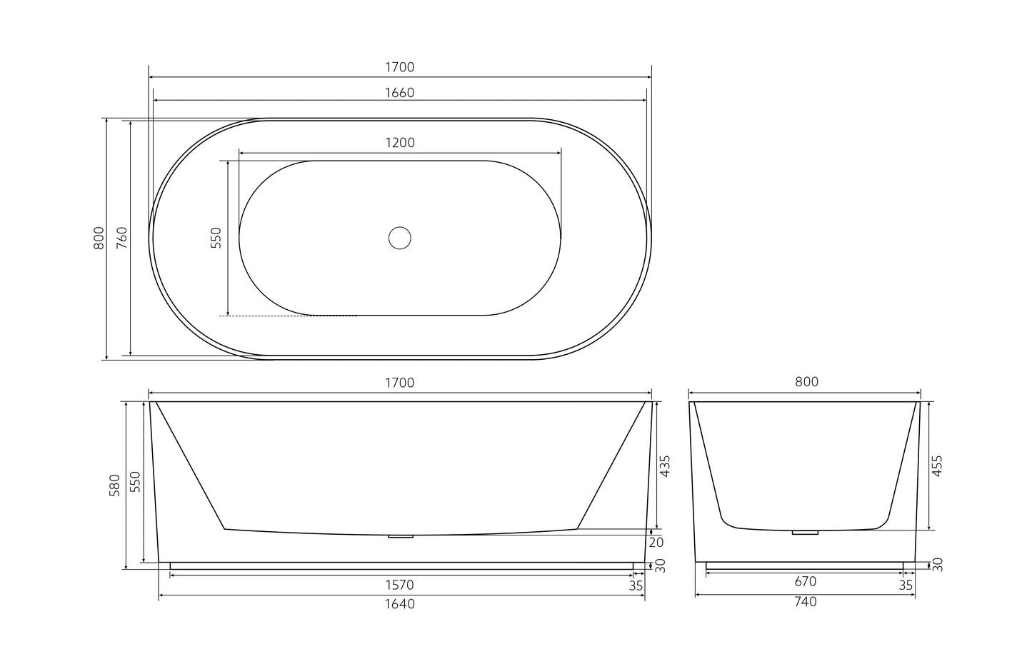 1700mm X 850mm X 580mm Ally Groove Freestanding Bathtubs AGV1700