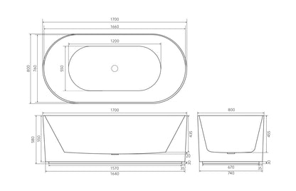 1700mm X 850mm X 580mm Ally Groove Freestanding Bathtubs AGV1700