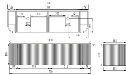 Wall-Mounted  PVC Fluted Curved Cabinet with Inner Drawers 1200/1500/1800mm