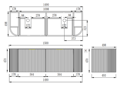 CETO Artis Wall-Hung PVC Fluted Curved Cabinet with Inner Drawers 1200/1500mm ARD1200W/1220/1500W/1550W-S-CO/PO/WAL