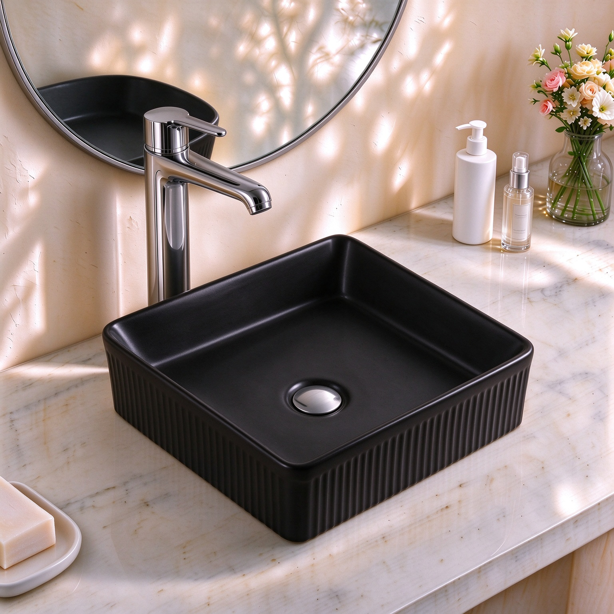 VITO Athena Fluted Square Premium Ceramic Above-Counter Basin 375*375*130mm