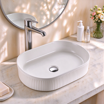 VITO Athena Fluted Oval Premium Ceramic Above-Counter Basin 590*370*100mm