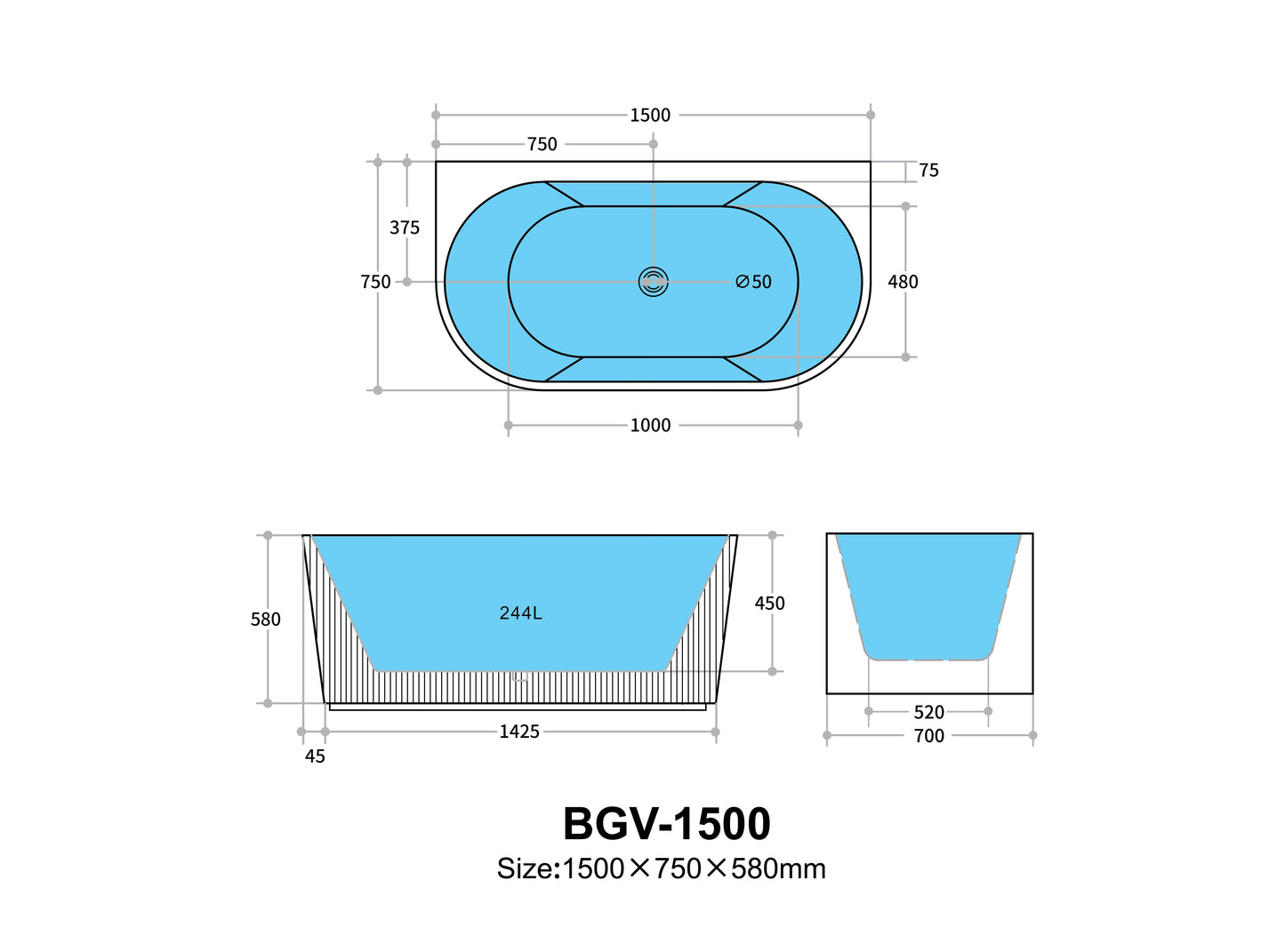 1500mm X750 X 580mm Oval Acrylic Bathtub Freestanding Bari BGV-1500