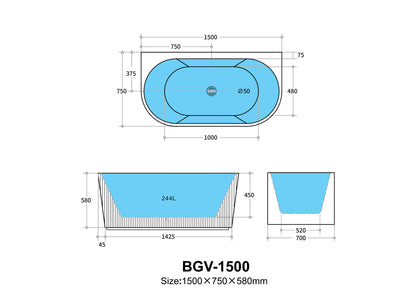 1500mm X750 X 580mm Oval Acrylic Bathtub Freestanding Bari BGV-1500